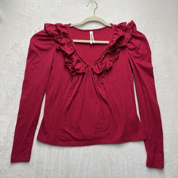 Anthropologie Ruffle V-Neck Long Sleeve Top Womens XS Pink Fuchsia Edwardian - Picture 4 of 11